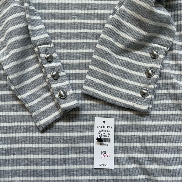NWT Talbots Gray White Stripped Ribbed Knit Puff Sleeve Turtleneck Women’s Small - Picture 3 of 8
